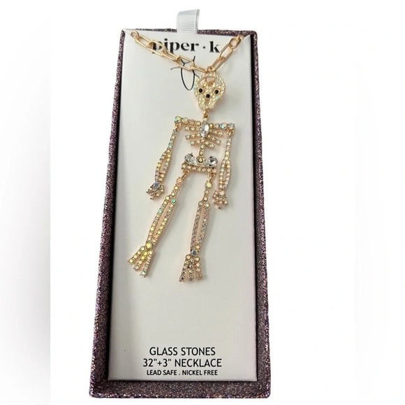 PIPER K Halloween Articulated 32” Glass Stone Crystal Skeleton Necklace NEW NWT - Picture 7 of 8